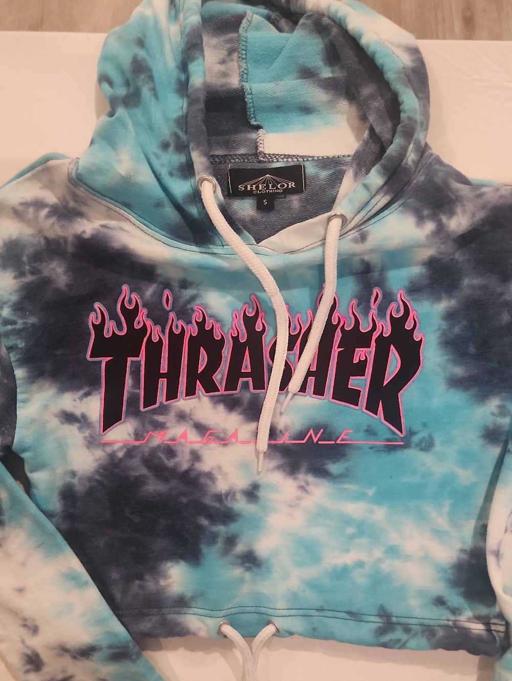 Thrasher Flame Logo Tie-Dye Cropped Hoodie - Blue